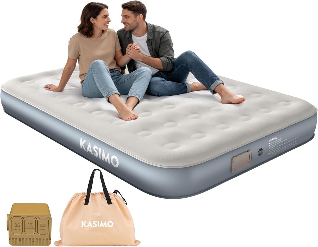 KASIMO Queen Air Mattress with Built-in Battery Powered Removable Pump, Blow Up Mattress Inflatable AirBed with Soft Suede Surface,Air Bed for Home Guests Camping