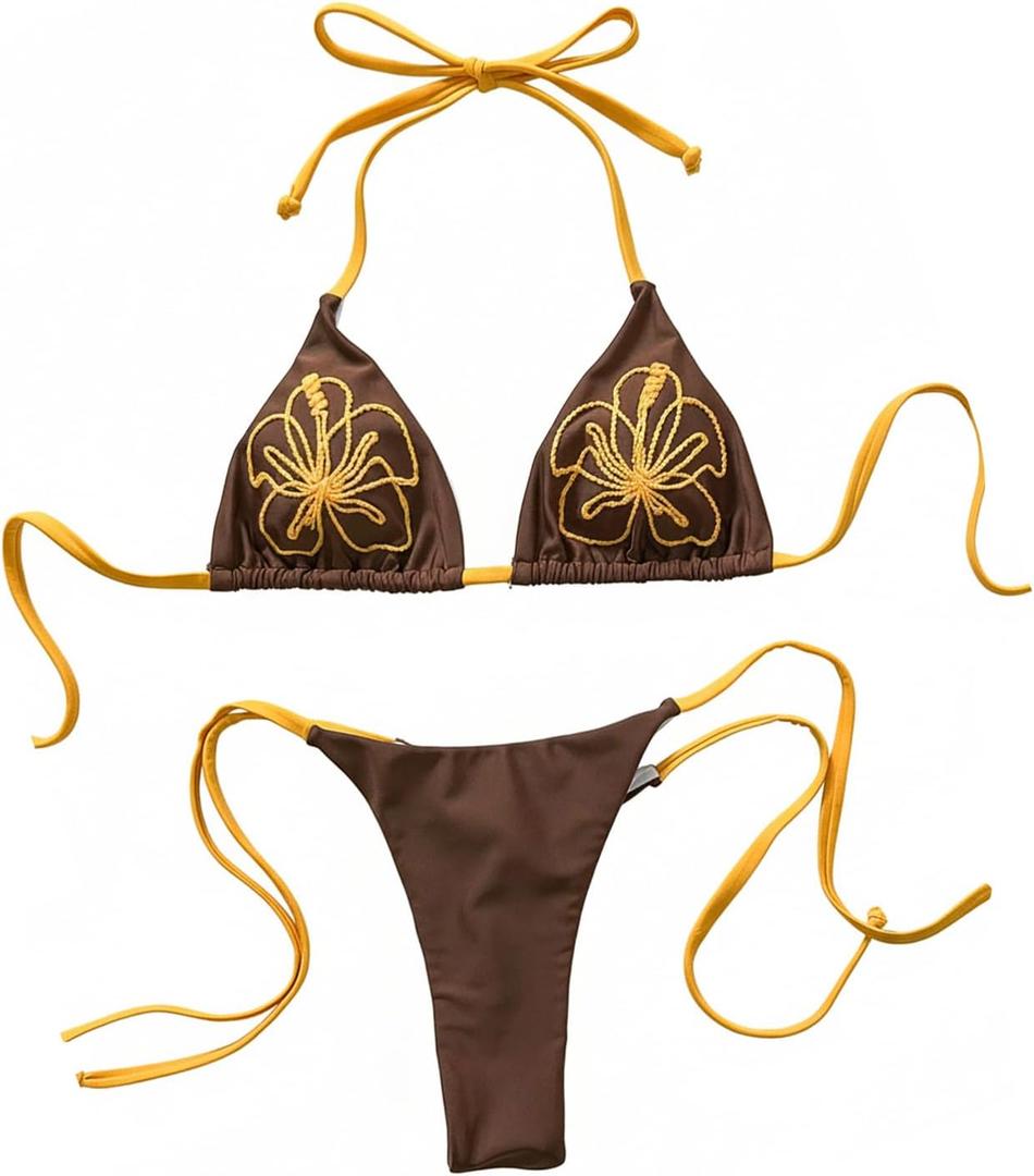 GORGLITTER Women's Y2k Floral Brazilian Bikini Sets Halter Triangle High Cut Thong String Swimsuit 2 Piece Summer Bathing Suits