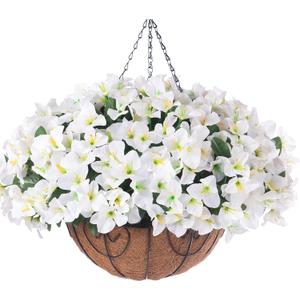 Artificial Hanging Flowers Faux Plants Basket for Outdoors Spring Summer Decor, Fake Silk Bougainvillea in Planter Outdoor Look Real UV Resistant Faux Flower for Outside Porch Patio Garden Home, White