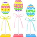 3 Pcs Easter Table Decorations, Easter Tiered Tray Decor, Colorful Wooden Easter Eggs Signs, Glitter Easter Decoration Farmhouse Tabletop Centerpiece for Home Kitchen Office Spring Party