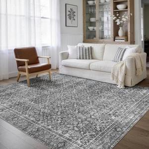 Latte&Fog 6x9 Area Rugs for Living Room, Large Vintage Grey Washable Rug, Boho Floral Non Slip Low Pile Carpet for Indoor Bedroom, Dining Room, Office, Dorm, Classroom and Farmhouse