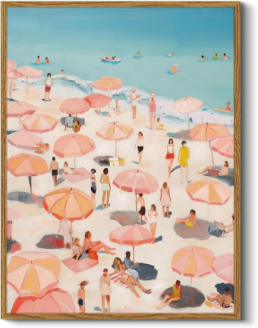 HUARCEY Colorful Seaside Vacation Vibes 12x16 Framed Canvas Wall Art, Retro People and Pink Umbrellas Summer Coastal Print, Tropical Beach Scene Bathroom Home Cafe Storefront Decor