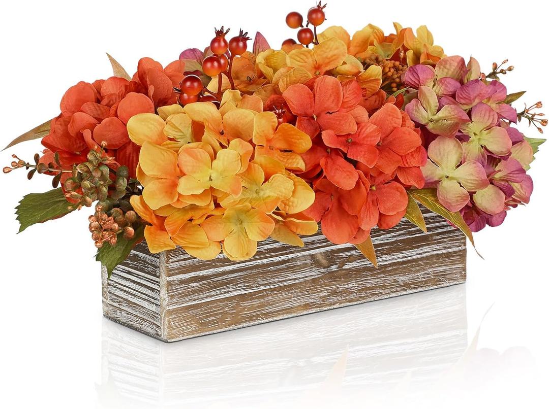 Fall Hydrangea Artificial Flowers for Decoration In Rustic Wood Planter, Faux Fall Flowers Arrangement with Berries for Table Centerpieces, Falls Decor Fake Hydrangea for Autumn, Harvest, Thanksgiving