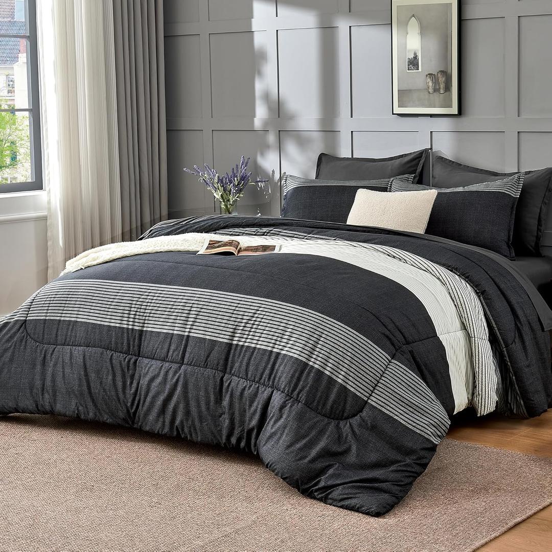 Andency Queen Comforter Set 7 Pieces Bed in a Bag - Black White Grey Striped Lightweight Soft All Season Queen Size Bedding Set with Comforter, Fitted & Flat Sheet, Pillowcases & Shams