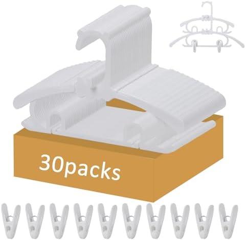 30 Pack Plastic Hangers with 16 Clips, 11-15 inch Adjustable Clothes Hanger, Durable & Non-Slip, Space Saving Coat Hanger for Pants, Jackets and Dress (White)