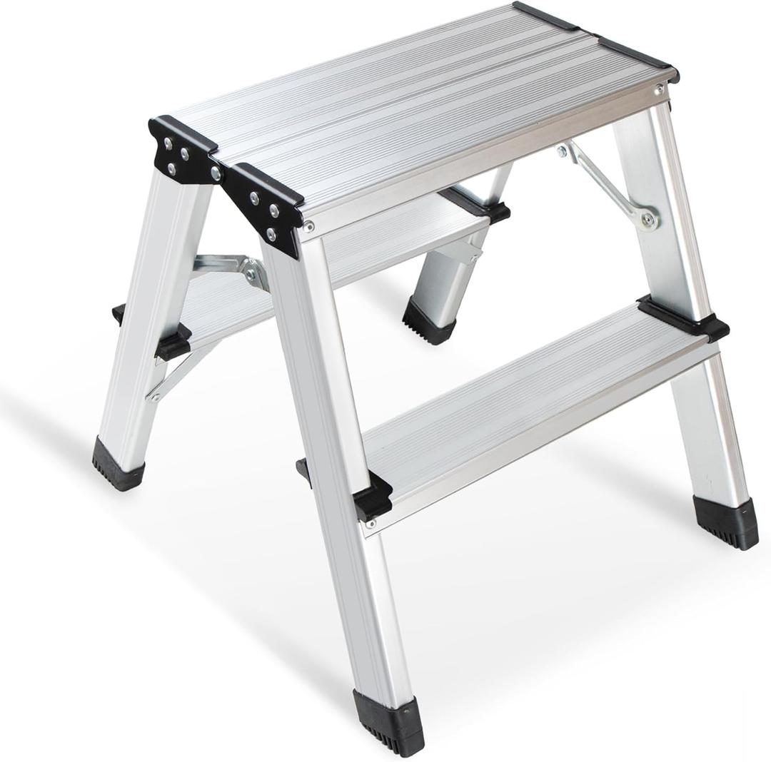 2 Step Ladder, Aluminum Folding Step Ladder, Portable Small Kitchen Step Stool, Lightweight with Widen Pedals by Glosiory, Solid Handy Metal Step Stool for Home, Kitchen, RV, SUV, Garage, 330lbs