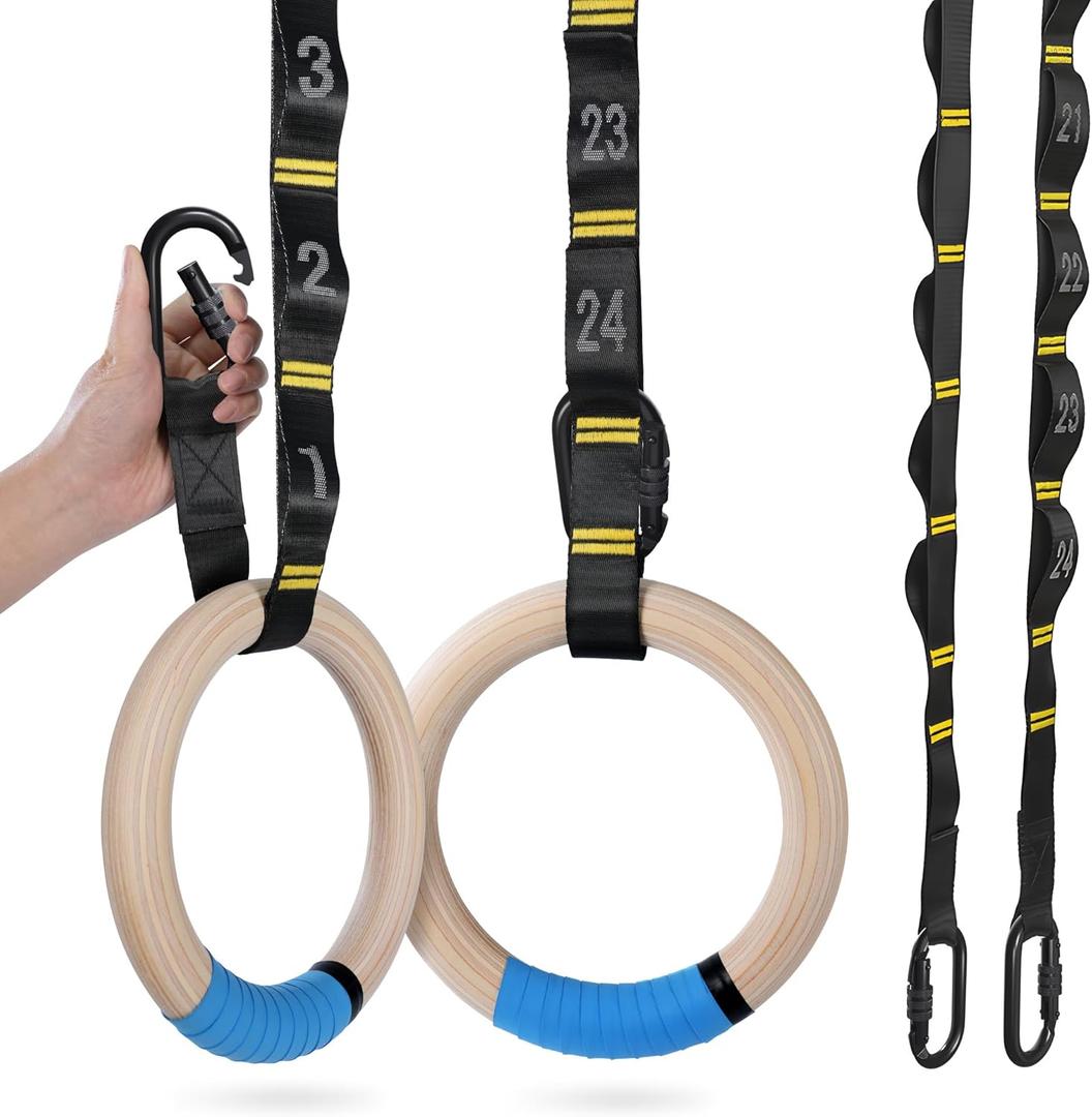 PACEARTH Gymnastics Rings 32mm Wooden Olympic Rings Support 1500lbs Locked Carabiners 9ft Double-Layer Numbered Straps Non-Slip Gym Rings with Foot Straps Door Anchor for Home Gym Full Body Workout