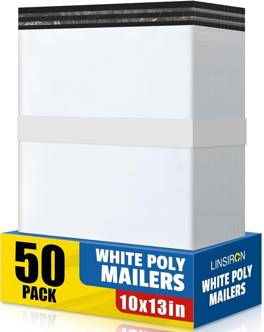 Poly Mailers 10x13 Inch 50 Pcs, Large Shipping Bags for Clothing, Waterproof Strong Adhensive Mailing Bags for Small Business, Tear-resistant Mailers Poly Bags Mailing Envelopes White
