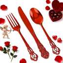 150PCS Red Plastic Silverware - Elegant Disposable Utensils - Heavy Duty Vintage Red Cutlery Sets Includes 50Forks, 50Spoons, 50Knives for Catering Dinner Party Wedding, Valentine's Day