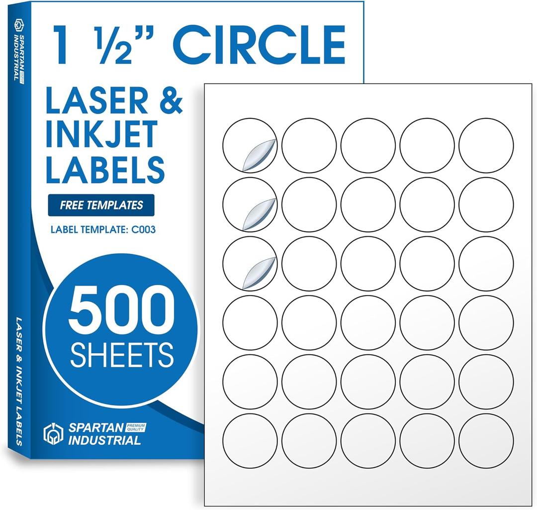 1.5" Printable Round Labels for Laser and Inkjet Printers - 900 Blank Labels, 30 Sheets for Thank You Stickers, Price Tags, QR Codes, Business Logos - Spartan Industrial Template C003