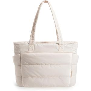 BAGSMART Tote Bag for Women, Lightweight Puffy Tote Bag with Compartments, Quilted Shoulder Bag Handbag for Travel, Work (Beige)