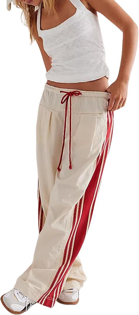 Hongsui Women's Wide Leg Pants Drawstring High Rise Side Striped Slouchy Palazzo Pants with Pockets (Medium, Beige)
