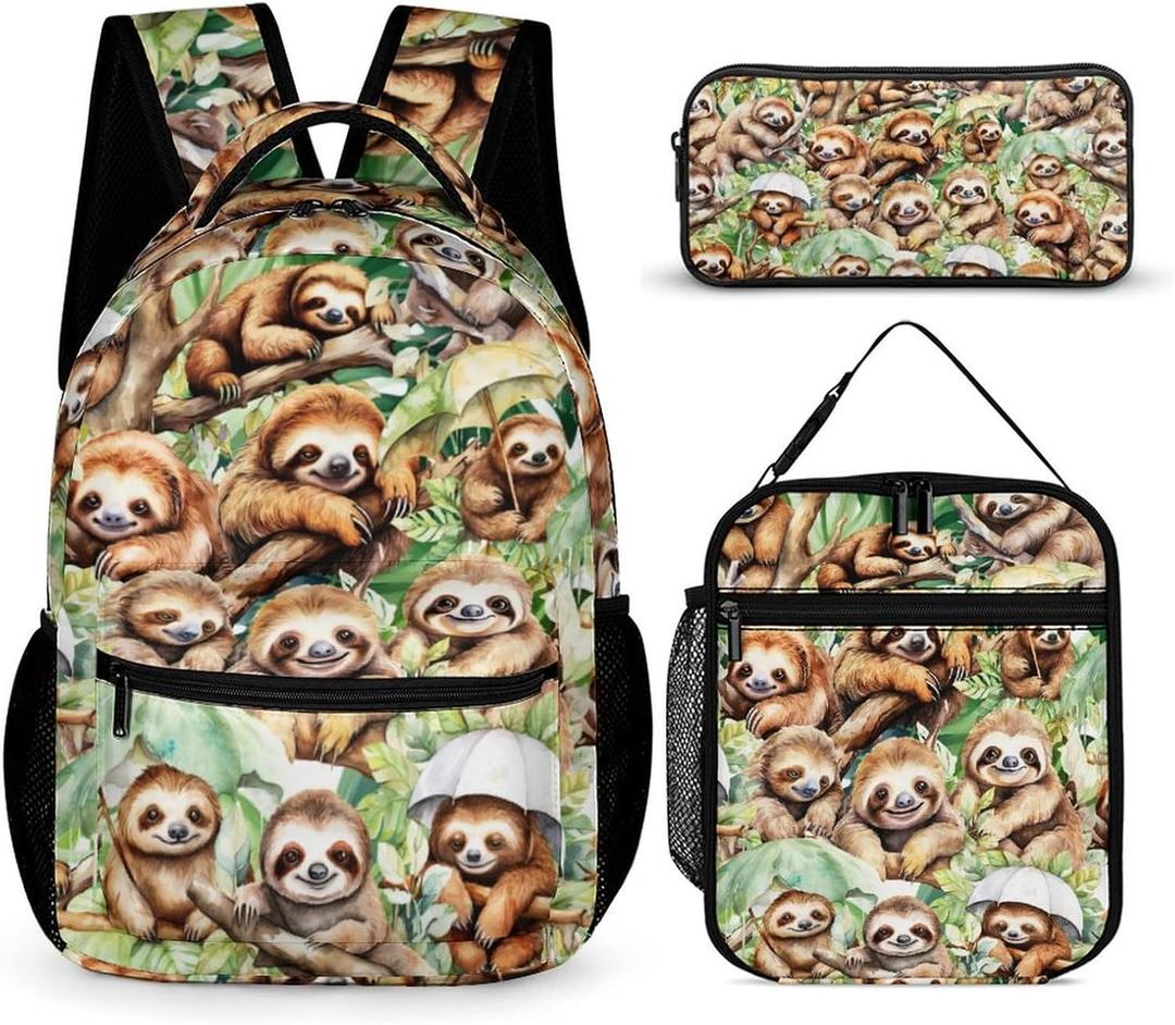 Sloth Backpack with Lunch Box & Pencil Case, 16 Inch Cute Sloth Themed Bookbag, Adjustable Lightweight Large Capacity, Colorful Backpack Set for Kids Girls Boys School