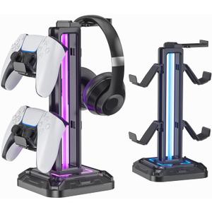 KDD RGB Headset Stand with 9 Light Modes - Controller Holder for Desk - Rotatable Headphone Stand & Detachable Controller Hook for PC Earphone Accessories(Black)