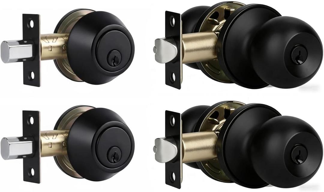 Exterior Door Lock Set with Deadbolt, Single Cylinder Deadbolt Lock and Door Knob Set, Keyed Alike Door Locks for Front Door,Matte Black Door Knob and Deadbolt Set(2Pack Set)