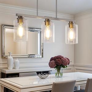 Island Light for Kitchen, Brushed Nickel Dining Room Light Fixture Over Table, 3-Light Linear Chandelier Pendant Lighting for Dining Table Kitchen Island Living Room, 3 Light + Clear Glass