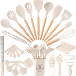 Astercook Kitchen Utensils set, 39 PCS Silicone Cooking Utensils Set with Wooden Handle, 446F Heat Resistant Food Grade Utensil Sets, BPA Free Kitchen Gadgets Tools Set for Nonstick Cookware (Cream)