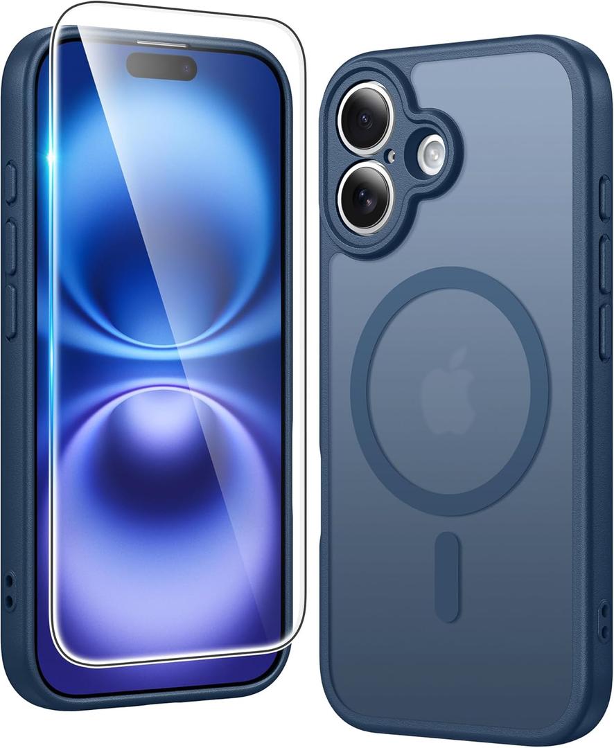 FNTCASE for iPhone 16 Case Matte: Magnetic Phone Cases with Screen Protector Drop Proof Compatible with Magsafe Slim Anti Yellowing Rugged Shockproof Protective Translucent Cell Cover (C-Blue)