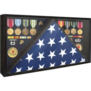 Memorial Flag Display Case for 5' x 9.5' American Veteran Burial Flag with HD Tempered Glass, Military Shadow Box with Velvet Felt Lining for Medals, Black