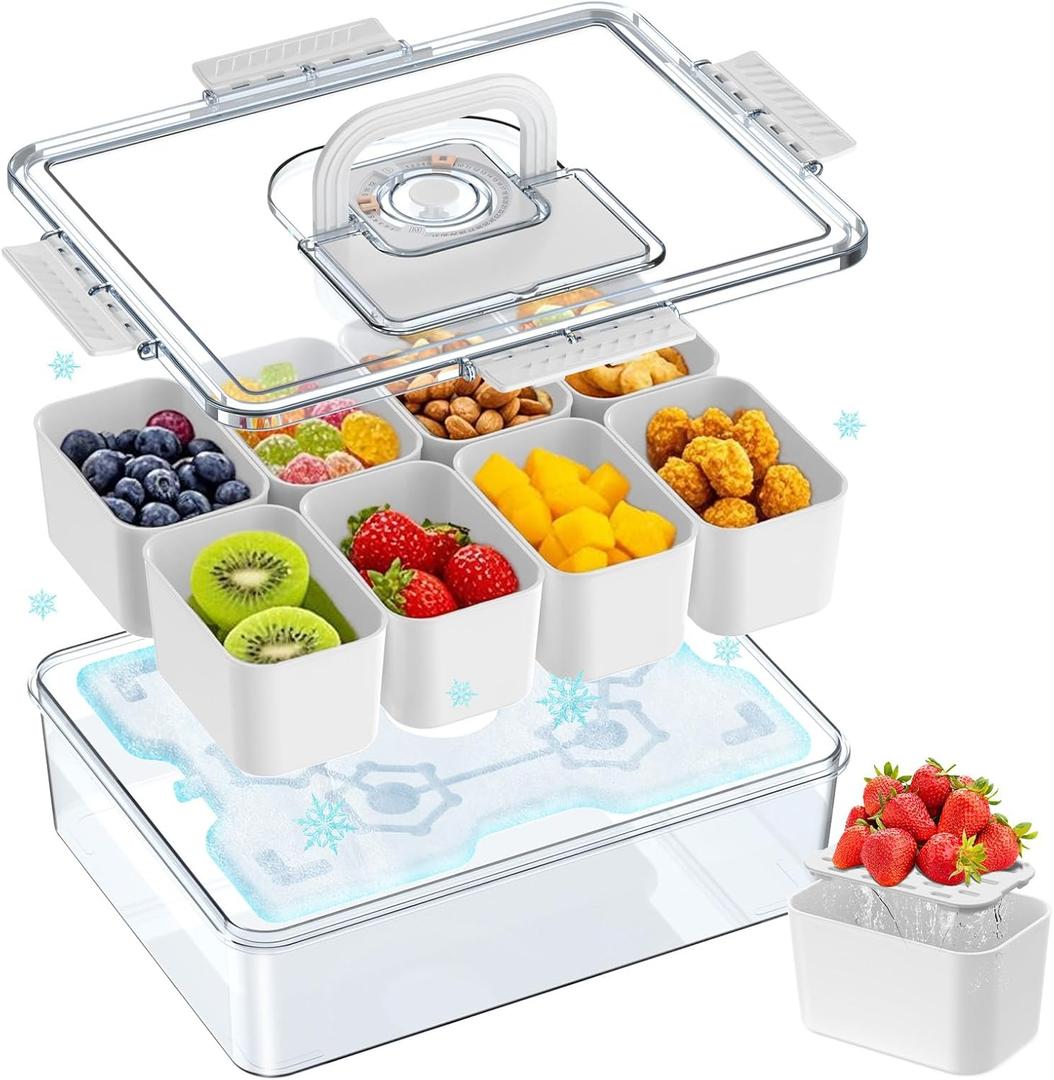 Palksky Snackle Box Container with Ice Pack, Travel Snack Containers with Lid & Handle, Chilled Portable Divided Serving Tray, 8 Compartments Bento Snack Box for Fruits Veggies Snacks, Keep Food Cold