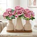 Flower Table Centerpiece - Dining Table Centerpiece Decor Set of 3 Fake Peonies in Ceramic Vases & Wood Tray Modern for Kitchen Island Living Room Coffee Table Home Decor (Dusty Pink)
