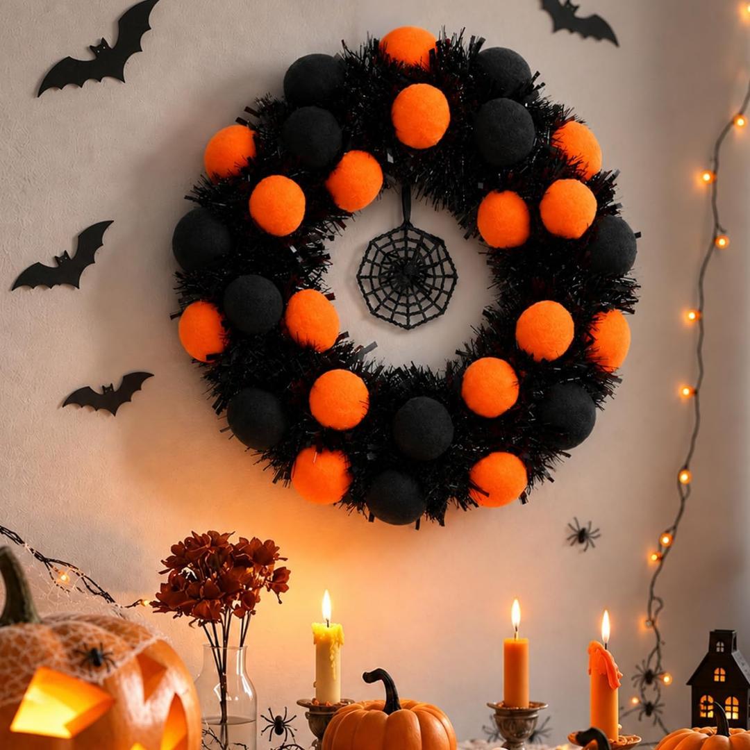 Grooy Halloween Wreath, Orange Pom Spider Web Decor for Front Door