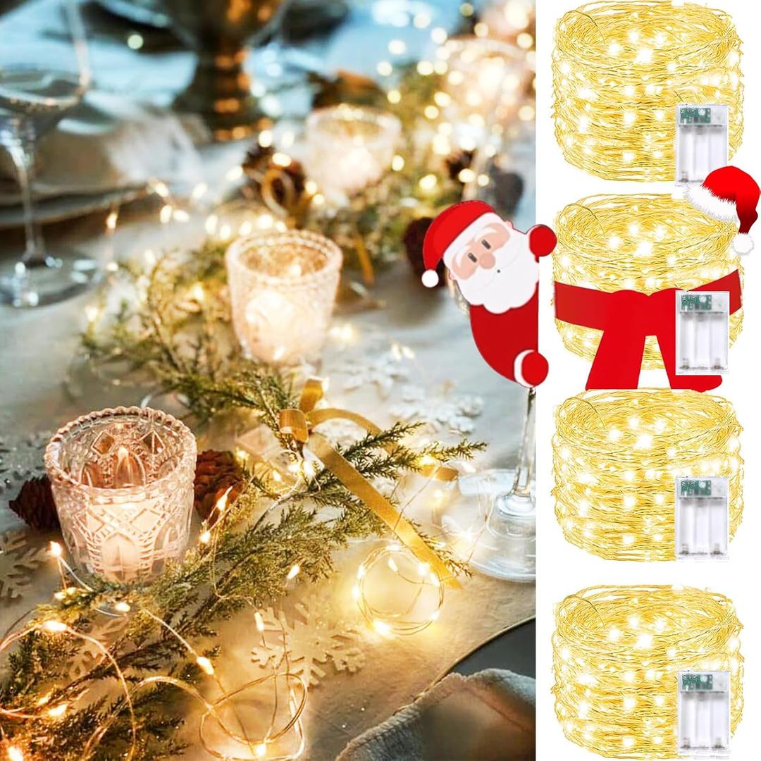 4 Pack 240 LED Christmas Fairy Lights Battery Operated with Timer, 80FT Waterproof Twinkle Lights Indoor Outdoor, String Lights Battery Powered for Bedroom, Centerpiece, Chistmas Decor (Warm White)