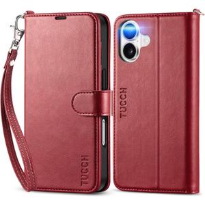 TUCCH Wallet Case for iPhone 16 with [Wrist Strap], Magnetic Closure RFID Blocking 4 Card Slot, Stand Shockproof TPU Shell PU Leather Folio Compatible with iPhone 16 2024, Dark Red with Wristlet