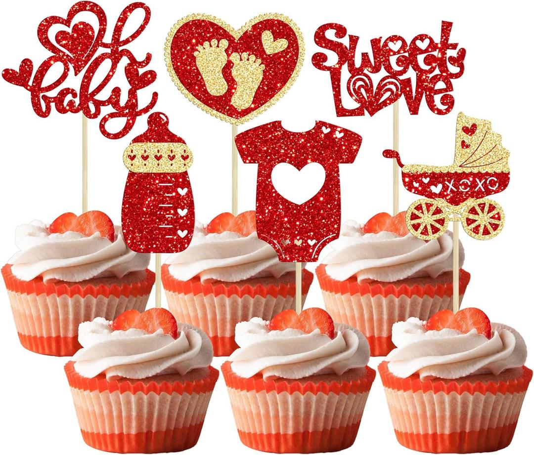2 x Gyufise 24Pcs Valentine's Day Oh Baby Cupcake Toppers Glitter Baby Feet Sweet Love Heart Valentine's Day Cake Decorations for Love Valentine's Day Theme Baby Shower Birthday Party Supplies Red