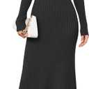 Arach&Cloz 2025 Spring Womens V Neck Long Sleeve Fishtail Sweater Dress Ribbed Knit Slim Fit Bodycon Midi Dress (Medium, Black)