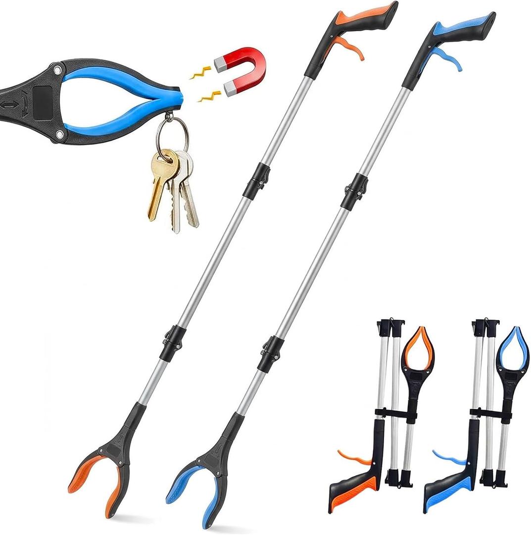 2-Pack 43" Extra Long Heavy Duty Grabber Reacher Tool, Foldable with 360 Rotating Jaw, Magnetic Tip, Ergonomic Grip, Wide Claw for Trash Pickup, Gardening & Reaching High Shelves Ideal for Seniors