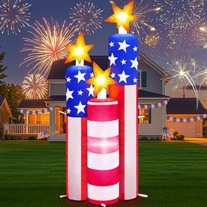 Patriotic 4th of July Inflatables Outdoor Decorations 3 Gnomes Holding Flag, Rocket and Star, Built in LED Lights Blow Up Yard Decor for 250th Anniversary Parade Lawn Garden Party