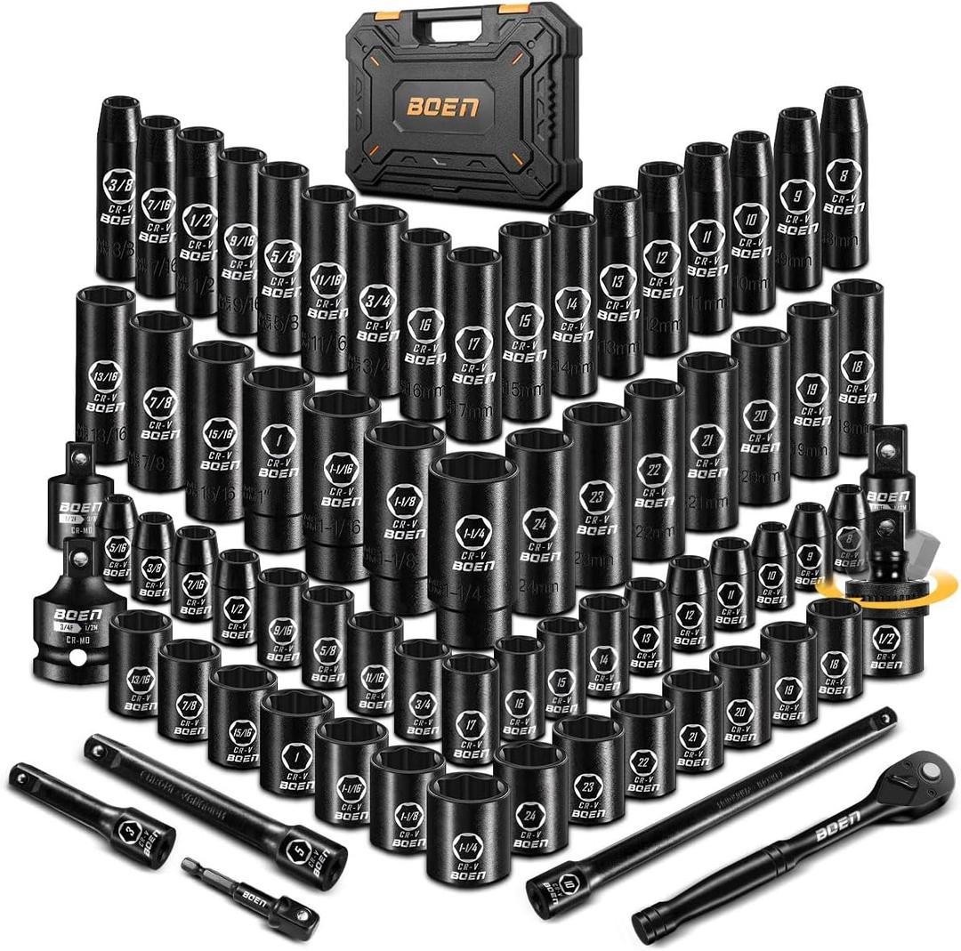 BOEN 1/2" Drive Impact Socket Set, 72 Piece Standard SAE (5/16"-1-1/4") & Metric (8-24 mm), Deep & Shallow Kit | Includes Ratchet Handle & Adapters | 3 ", 5", 10" Extension Bar