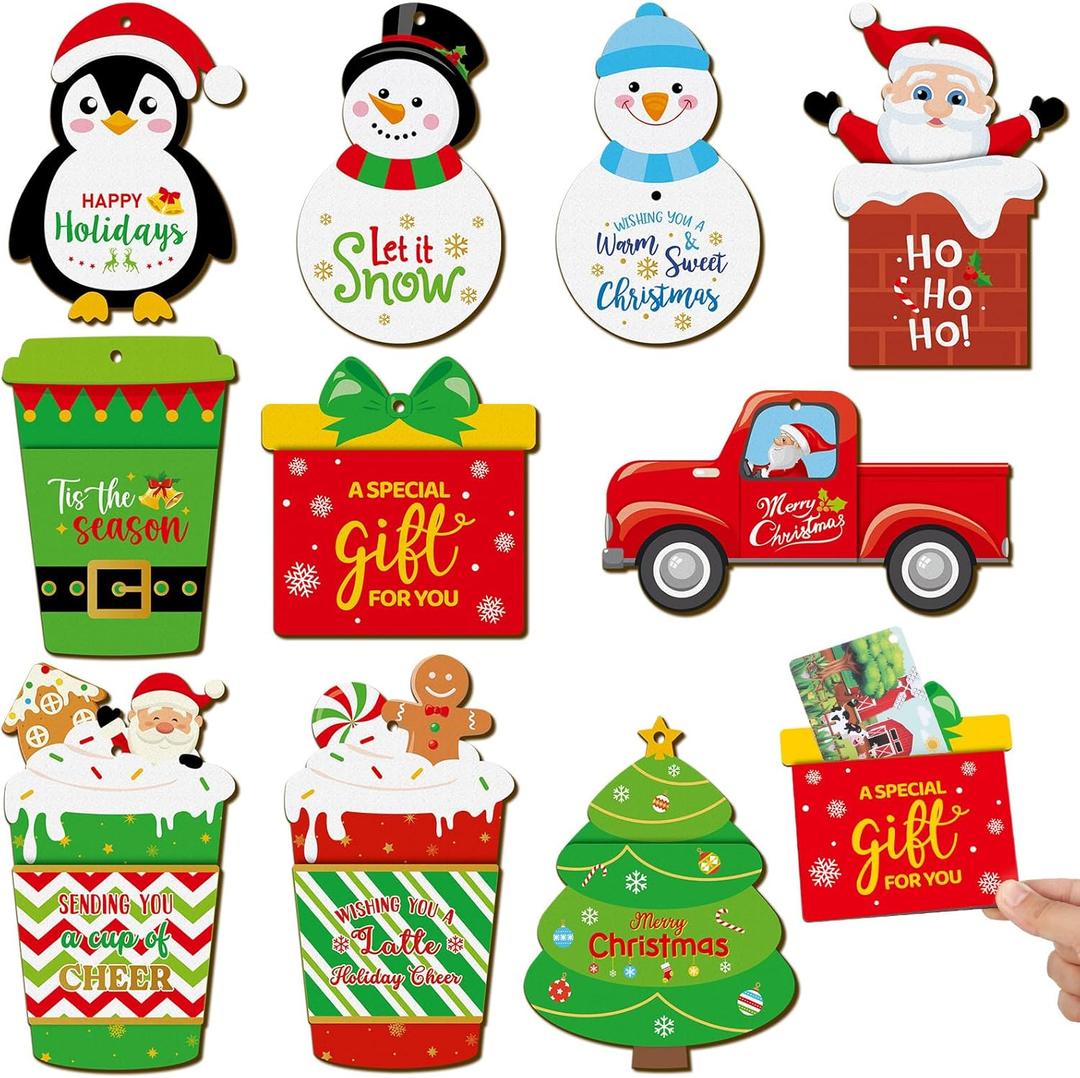 10 Pcs Christmas Wooden Gift Card Holders Money Holders Snowman Santa Card Sleeves Decor for Christmas Tree Ornament Winter Holiday Gift Tags,Cards Not Included