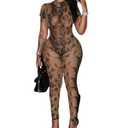 LXUAMR Sexy Jumpsuits for Women See Through Mesh Print Backless Bodycon Club Jumpsuit, Small