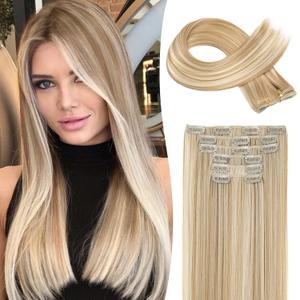 LONAI Clip in hair extensions 6PCS Straight 24" Hair Extensions for WomenHeat Resistant Synthetic Hairpiece-Dark Blonde with Highlights