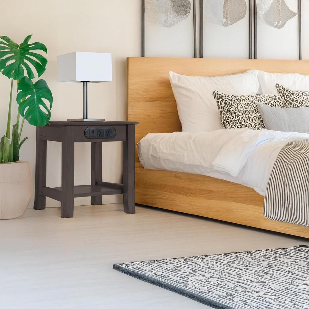 KAWIND Home Dark Walnut Solid Wood End Table with Charging Station Compact Side Table with 2 USB Ports & 2 AC Outlets Ideal for Living Rooms & Bedroom Light Assembly