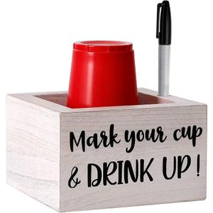Single Cup Holder with Marker Slot Wooden Mark Your Cup and Drink Up Cup Holder Party Cup Organizer 2 Sides Designs Drink Dispensers for Parties Farmhouse Bar Party Decor Housewarming Hostess