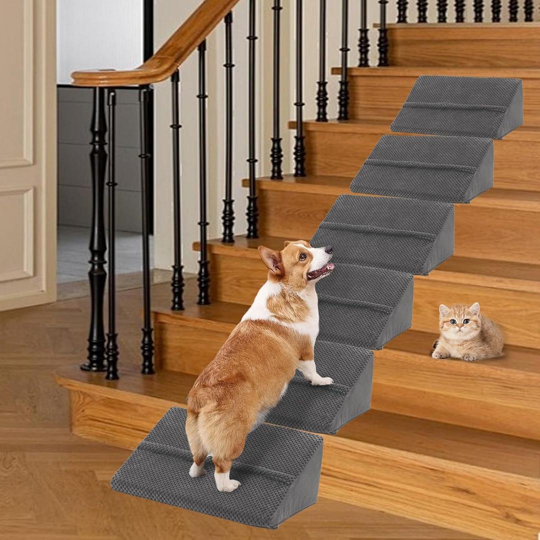 Upgrade Non-Slip Dog Ramps/Stairs for Staircase, Foam Dog Ramps for Stairs Inside House, Foam Pet Ramps for Small Dogs, Stair Ramp for Injured Dogs Cats with Self-Sticky Pads to Fix, 6 Pack