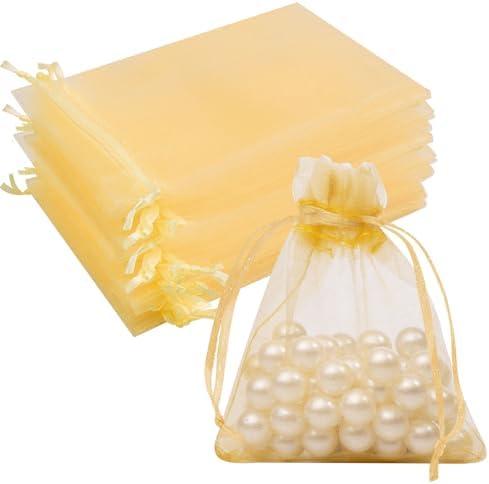 Crweety Organza Bags 3x4 Inch 50 Packs Small Mesh Gift Bags Drawstring Sachet Bags for Party Favor Wedding Baby Shower(Gold)