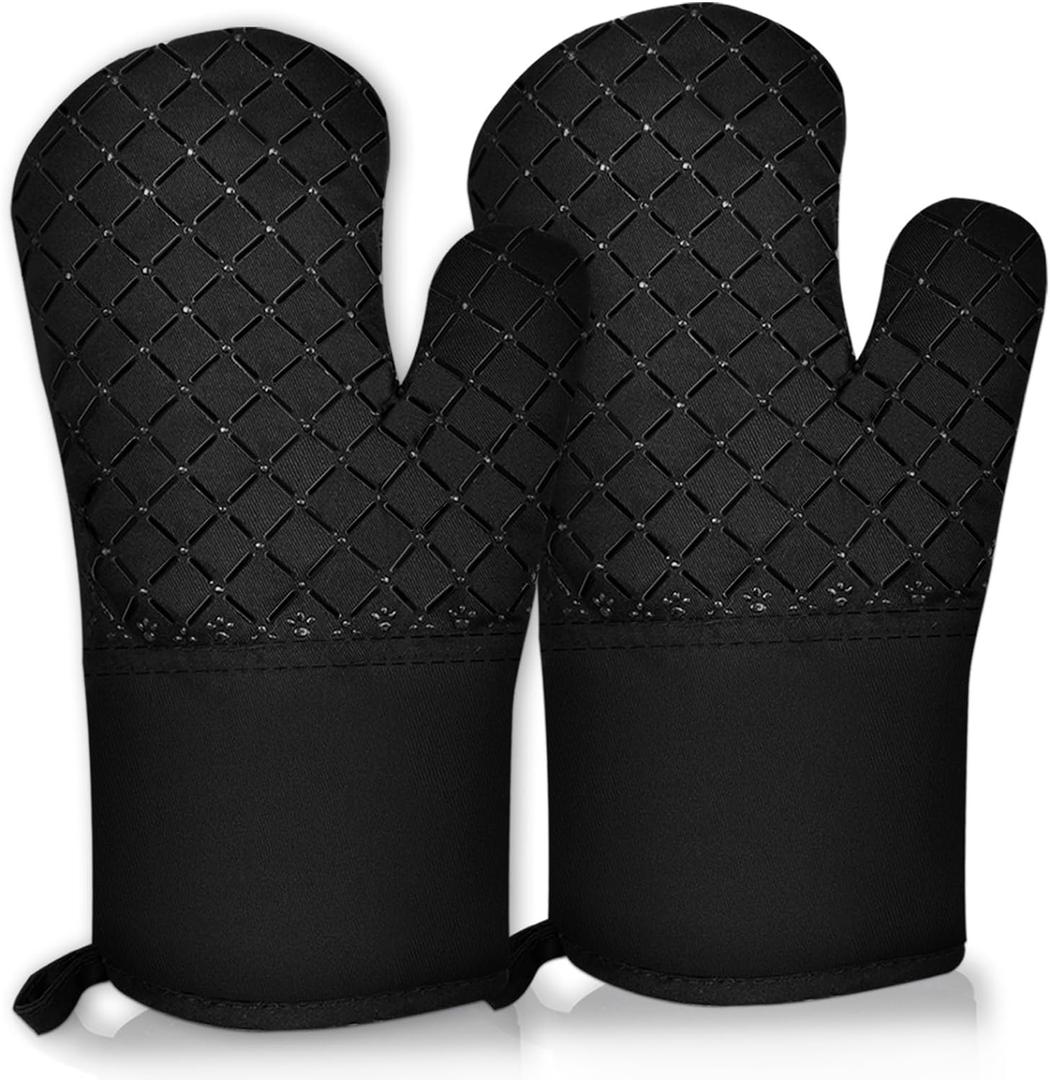 2 Pcs Oven Mitts Heat Resistant for Kitchen, Kitchen Oven Gloves, Long Oven Mitts and Pot holder with Non-Slip Silicone Stripe and Soft Cotton Lining, Silicone Oven Mitts for Cooking Baking BBQ Gloves (Black)