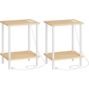 HOOBRO Side Table with Charging Station, Set of 2 End Tables with USB Port and Outlets, Nightstand with 2-Layer Storage Shelves for Small Spaces, Living Room, Bedroom, Natural and White WN09UBZP201