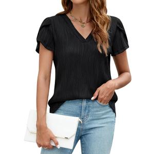 BMJL Womens Dressy Casual Tops Summer Textured Petal Short Sleeve Shirts Business Work Blouses Trendy Outfits 2024 (Small, Black)