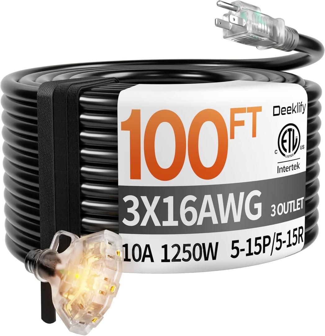 100 ft 16/3 awg 3 Outlet Extension Cord Splitter with Indicator, Waterproof Outdoor Extension Cord with Multiple Outlets, 10A 1250W for Home & Workshop, ETL Listed, Black SJTW
