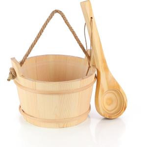 Wooden Sauna Bucket and Ladle Set, Handmade from Natural Pine with Rope Handle, 4L