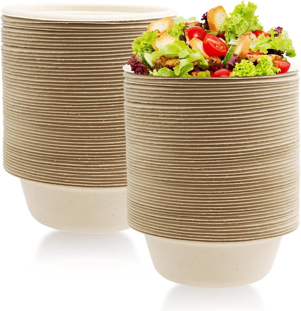 100 Pack 12 oz Disposable Paper Bowls, Heavy Duty Compostable, Eco-friendly Bagasse Bowls for Parties, Restaurants, Catering