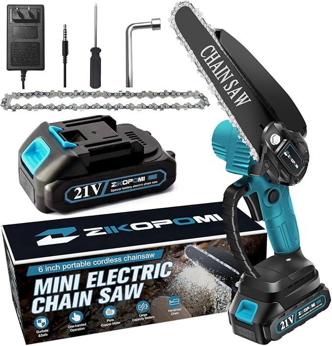 Zikopomi 6 Inch Cordless Electric Mini Chainsaw, Handheld Battery Powered Pruning Saw, branch cutter, Yard Work Garden Tool (One Battery&Chain)