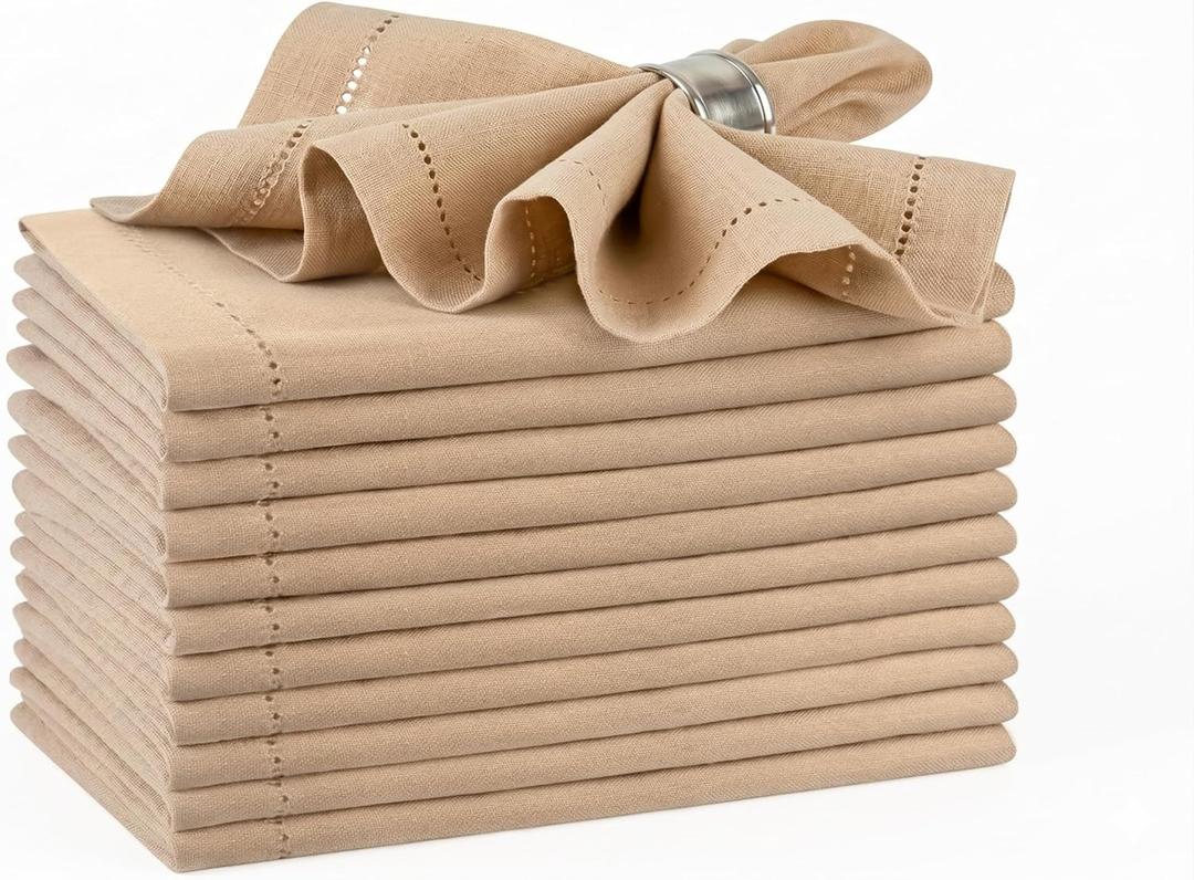 Palisa Beige Cotton Napkins Set of 12 | Premium Hemstitch Detailing Cloth Dinner Napkins 18x18 Inch | Soft Washable & Reusable Table Napkins for Everyday Use Weddings Parties Restaurants & Hotels