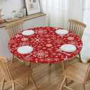 Christmas Winter Snowflakes Tablecloth with Elastic Edge, Round Table Cover Washable Reusable Xmas Red Table Cloths for Kitchen Dining Party, Medium (Fits 45-50 in)