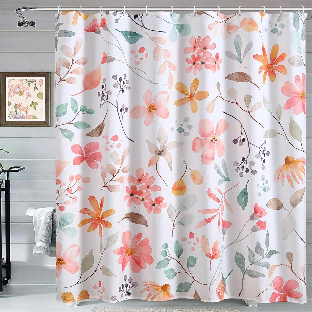 Estmy Pink Floral Shower Curtain for Girls Bathroom, Watercolor Cute Boho Flowers Leaves Botanical Fabric Shower Curtain Set Modern Aesthetic Bathroom Decor (72"W x 72"L (Pack of 1))